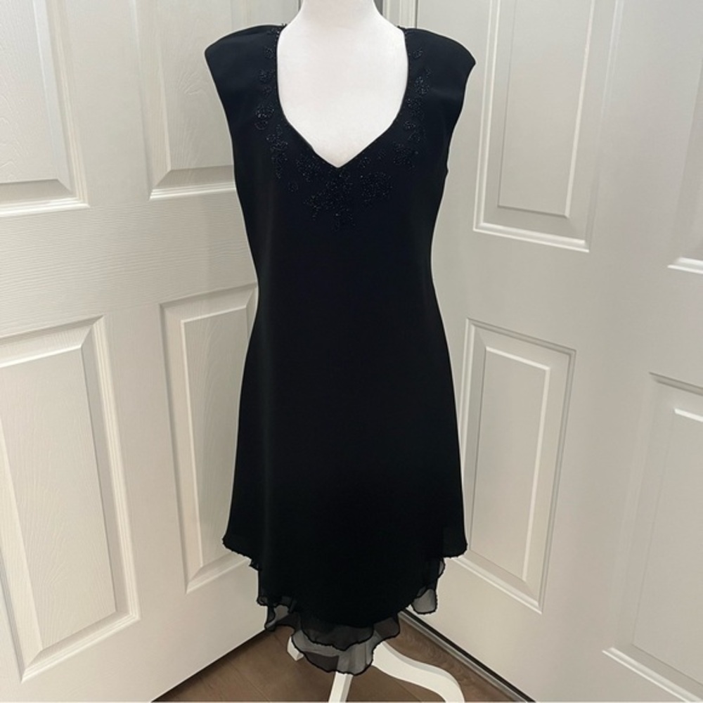 Jones NY Black Silk Babydoll Beaded Midi Dress Sz 12 Tiered Fairy Whimisgoth